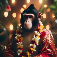 A monkey wearing a lei and hula dancing3 - obrazy, fototapety, plakaty