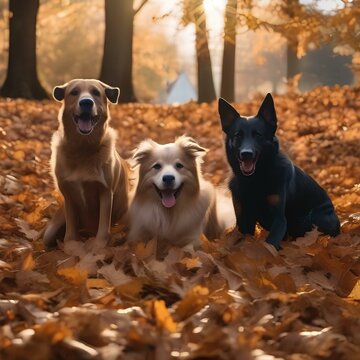 A group of dogs playing in a pile of leaves in the fall4
