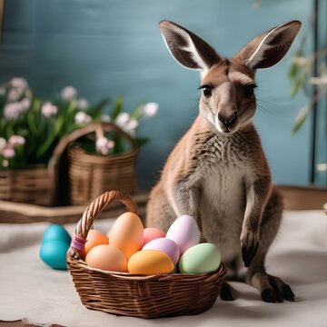 A kangaroo with a basket of colored eggs for an Easter egg hunt2