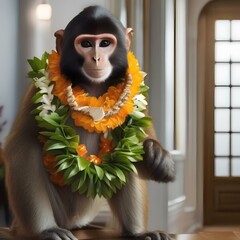 A monkey wearing a lei and hula dancing2 - obrazy, fototapety, plakaty
