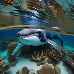 A whale wearing a snorkel and exploring a coral reef3 - obrazy, fototapety, plakaty