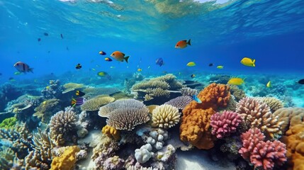 Fototapeta na wymiar underwater coral reef landscape super wide banner background in the deep blue ocean with colorful fish