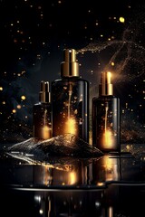 Prestige skincare, black bottles with golden aura