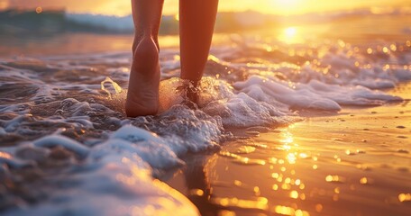 Woman's Feet Meet Sea Waves on Beach at Sunset - obrazy, fototapety, plakaty