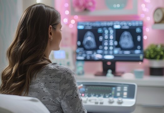 Pregnant woman at the ultrasound, anticipation and joy as expectant mothers experience the magical moment of seeing their baby's image for the first time through ultrasound technology.
