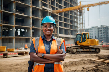 Middle aged black African woman, professional architect or engineer standing at construction site with her arms crossed, smiling and looking at the camera in front of building in construction