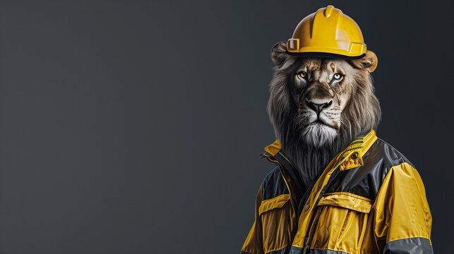 A lion, exuding calm authority, is outfitted in a safety jacket and yellow helmet, standing against a clean, understated backdrop for World Safety Day.