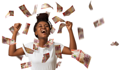 Ghanaian cedi notes falling, raining on young black African woman with braids excited amazed suprised jubilating with hands in the air, winner celebration over transparent background, copy space ghana