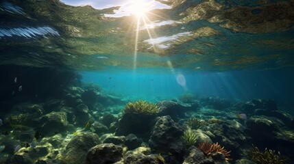Underwater sunlight through water surface from a hole in a rocky ocean floor, natural scene - obrazy, fototapety, plakaty