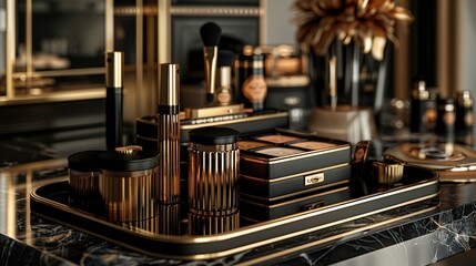 Fototapeta na wymiar Luxurious cosmetic set in black and gold, epitome of elegance