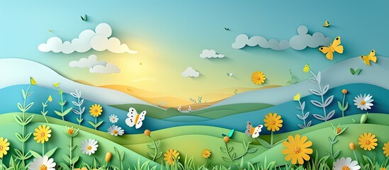 Fototapeta na wymiar Paper Cut of a Peaceful Countryside Meadow with Wildflowers and Butterflies