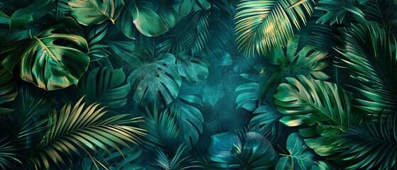 Jade jungle, leafy pattern, tropical escape - obrazy, fototapety, plakaty