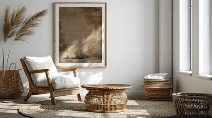 Rustic Lounge Chair and Mock-up Frame in Minimalist Interior