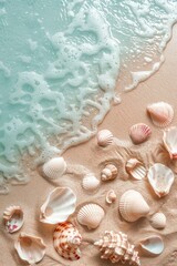 Obraz na płótnie Canvas a beach scene featuring beach sand and seashells, in the style of light white and sky-blue, ferrania p30, serene visuals, ad posters, vibrant stage backdrops - generative ai