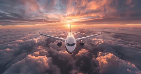 Commercial Airplane Silhouetted Against Sunset Skies and Clouds - obrazy, fototapety, plakaty