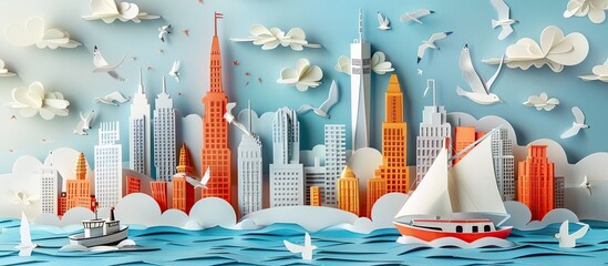 Paper Cut Style Bustling City Waterfront A Vintage Port Scene of Boats and Seagulls