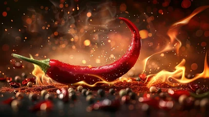 Fotobehang fresh hot red chili pepper on a black background, fiery hot seasoning © Jennifer