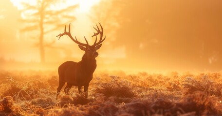 Red Deer Stag Silhouette in Misty Forest Setting - obrazy, fototapety, plakaty