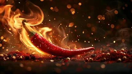 Fotobehang fresh hot red chili pepper on a black background, fiery hot seasoning © Jennifer