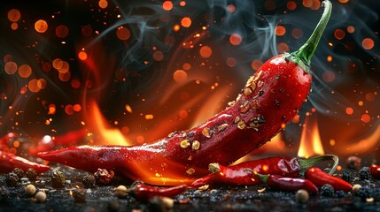 fresh hot red chili pepper on a black background, fiery hot seasoning