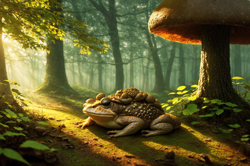 A frog sitting on a mushroom in a forest. - obrazy, fototapety, plakaty