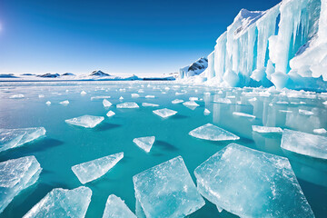 A frozen lake with large icebergs floating in it.