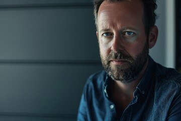 Pensive mature man in blue shirt, contemplative gaze, dimly lit room, personal challenges, life decisions, intimate portrait.

