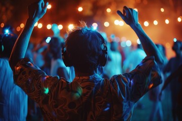 Festival vibes captured in a crowd at night, vibrant energy, colorful bokeh, joyful dance movement.

