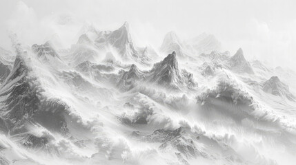 Abstract Monochrome Mountain Peaks Amidst a Snow Blizzard - obrazy, fototapety, plakaty