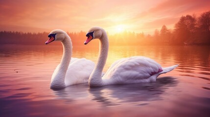 Fototapeta premium A serene sunset reflecting on a group of graceful swans swimming on a calm lake.