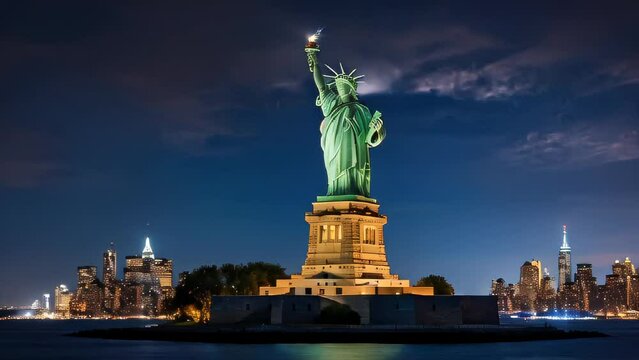 Statue of Liberty in New York City, a symbol of freedom and America's famous landmark on Liberty Island with Manhattan skyline in the background
