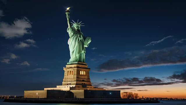 A majestic statue of liberty, bathed in the warm glow of the New York City night sky