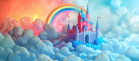Foto auf Alu-Dibond Paper Cut Style Fairy Tale Castle Floating in Clouds adorned with Rainbows © Sittichok