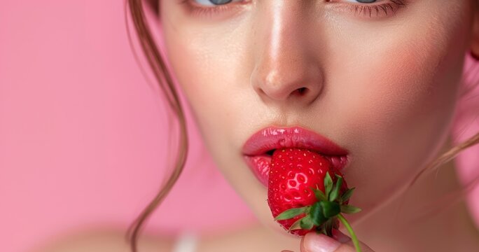 Close-Up Portrait of a Cute Lady and the Luscious Strawberry
