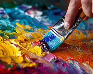 Fototapeta premium Abstract art making, close-up on a palette knife spreading vibrant paint, the emotion in color