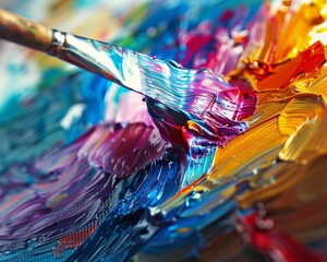Immerse yourself in the world of abstract art with a detailed image of a palette knife spreading vibrant hues, reflecting the emotive power of color. - obrazy, fototapety, plakaty