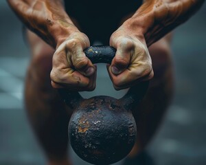 Close-up view of hands clasping a kettlebell mid-lift, exemplifying the essence of functional strength. - obrazy, fototapety, plakaty