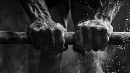 Experience the intensity of strength training with a close-up view of hands firmly clutching a barbell, enveloped in a cloud of chalk dust. - obrazy, fototapety, plakaty