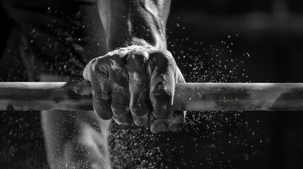 Capture the determination of strength training with a close-up of hands gripping a barbell, surrounded by swirling chalk dust.