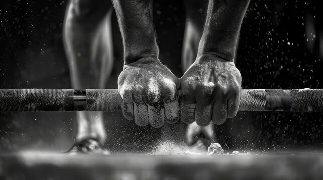 Detailed shot of hands grasping a barbell, chalk particles suspended in the air, showcasing the resolve of strength training.