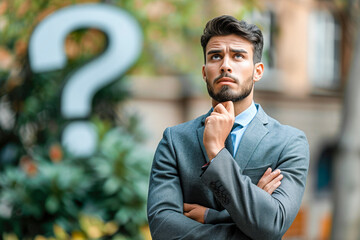 A man in a suit is looking at a question mark