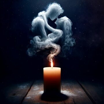 Ai generated footage 3D realistic illustration of a candle emitting misty smoke in the shape of a couple kissing, a symbol of peace, love and marriage
