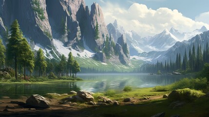 landscape with lake and mountains, 
Lush greenery embracing a pristine mountain lake, with sheer...