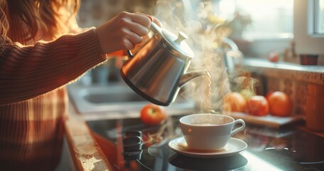 Woman's Hands Pour Hot Water into Cup from Electric Kettle