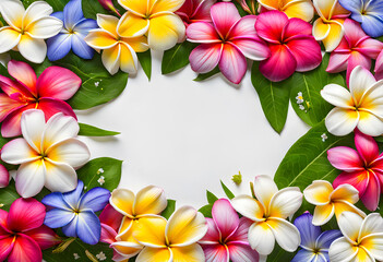 Landscape close-up view of wet plumeria daisy cosmos and periwinkle flowers frame