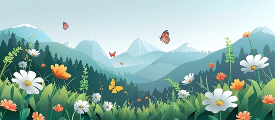 Paper Cut Paradise A Summer Alpine Meadow Blooming with Wildflowers and Butterflies - obrazy, fototapety, plakaty
