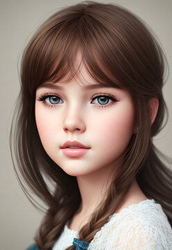 A rendering of a young girl with long, curly brown hair and blue eyes.
