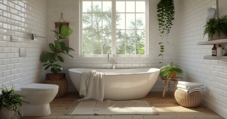 Fototapeta na wymiar Farmhouse-Inspired White Cozy Bathroom Retreat