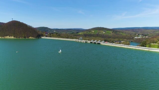 Water Dam On Solina Lake Bieszczady Mountains Aerial View Poland