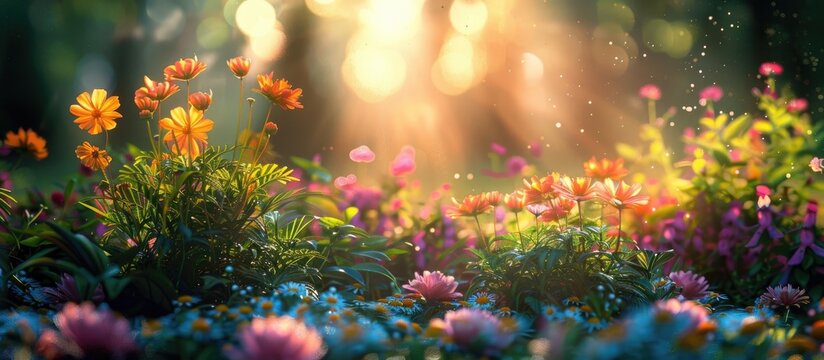 Tranquil Bokeh Blur Garden in Full Blooming Splendor